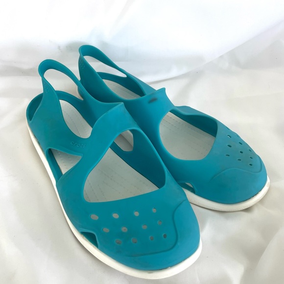 Crocs Swiftwater Wave Slip Ons Women's Sz 6 Teal/White Slingback Worn 2x - Picture 6 of 11